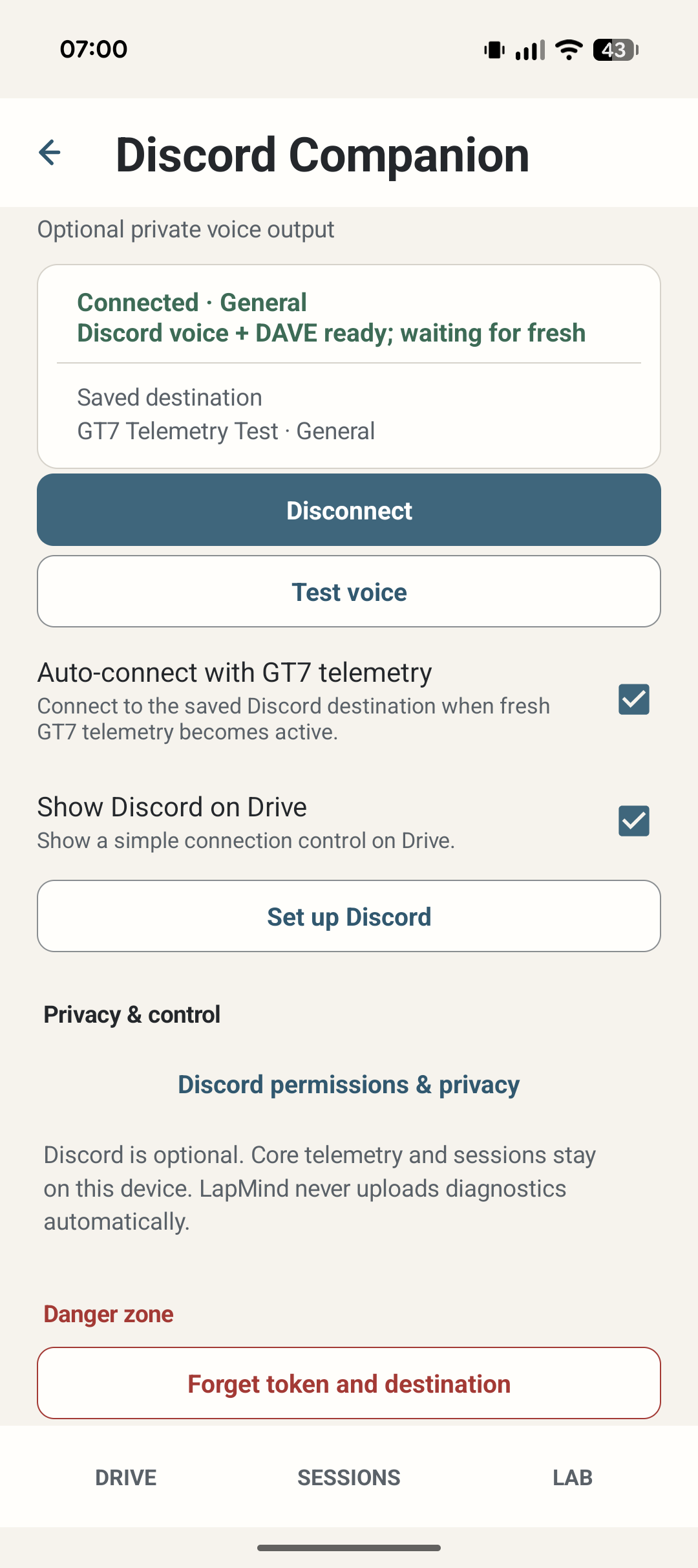 LapMind Discord Companion settings, connected to a Discord voice channel.