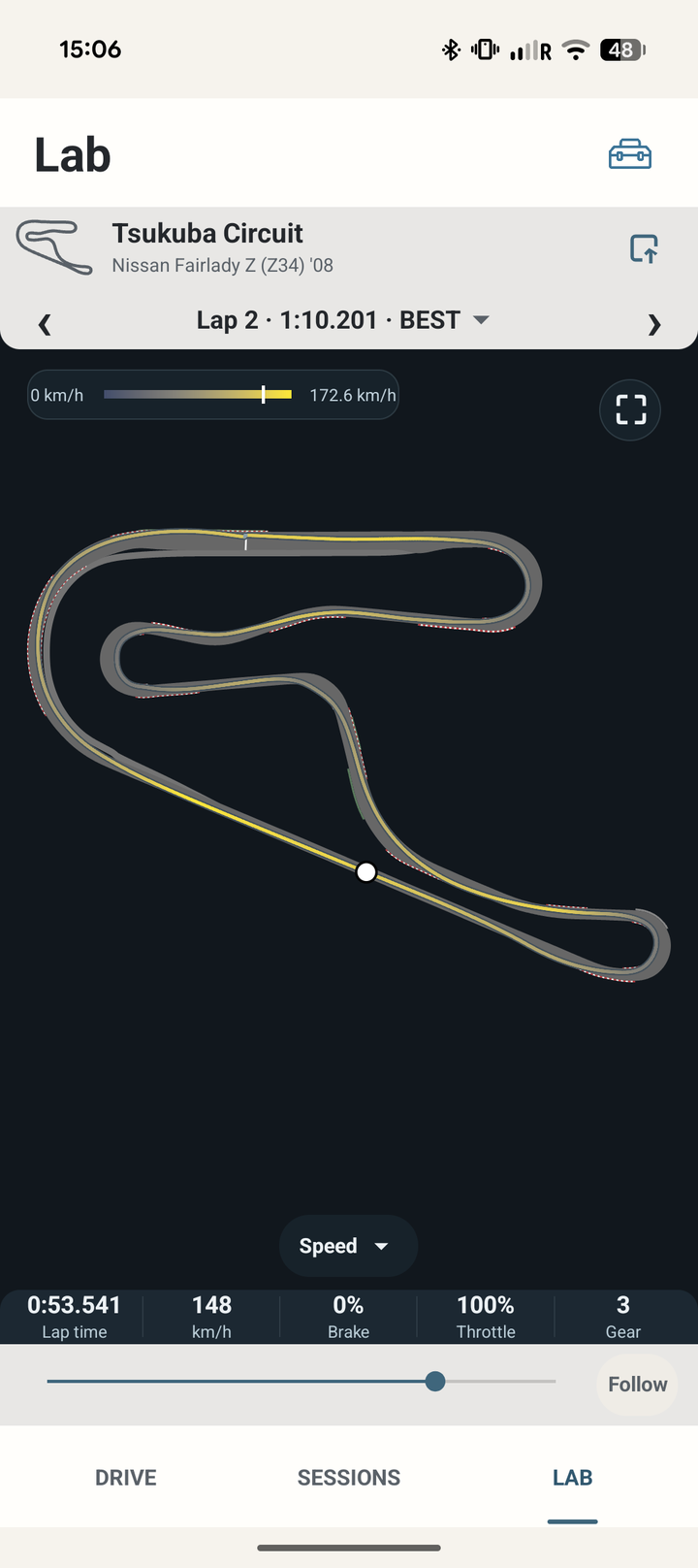 LapMind Track Lab on phone showing Tsukuba Circuit in Speed mode.