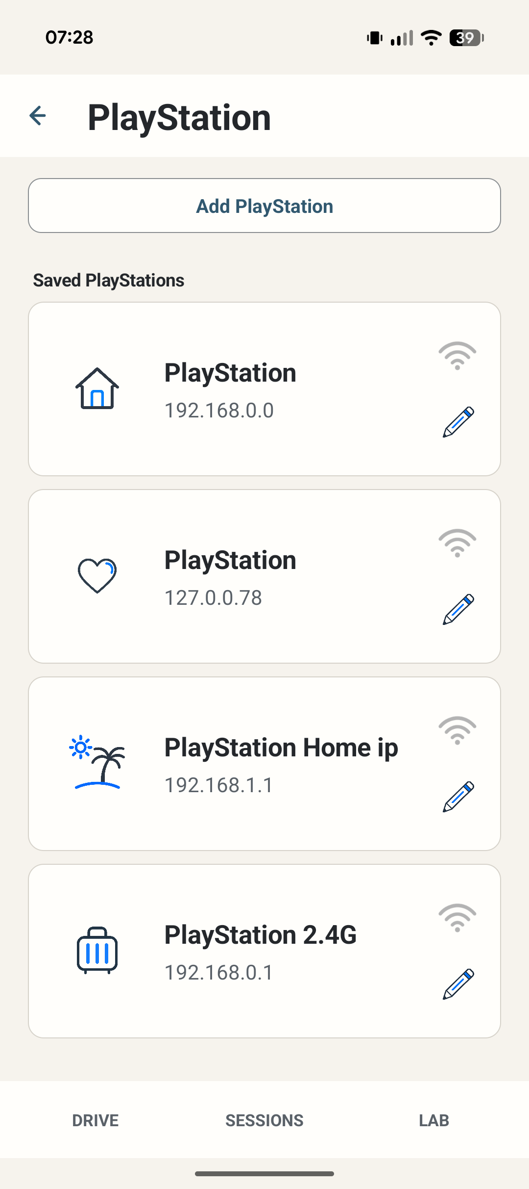 LapMind PlayStation profiles with generic local IP addresses.