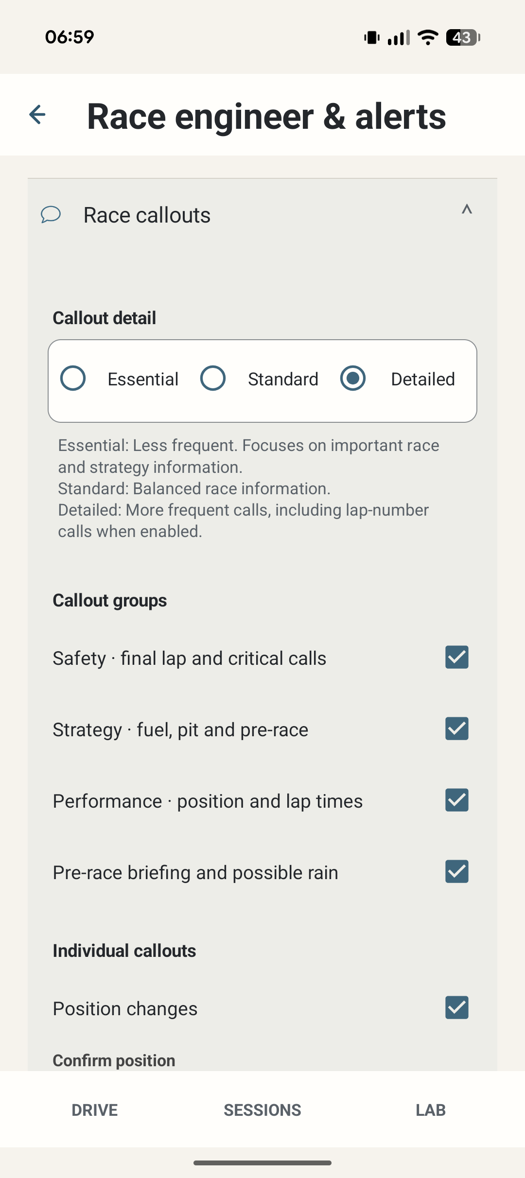LapMind Race engineer and alerts settings on phone.