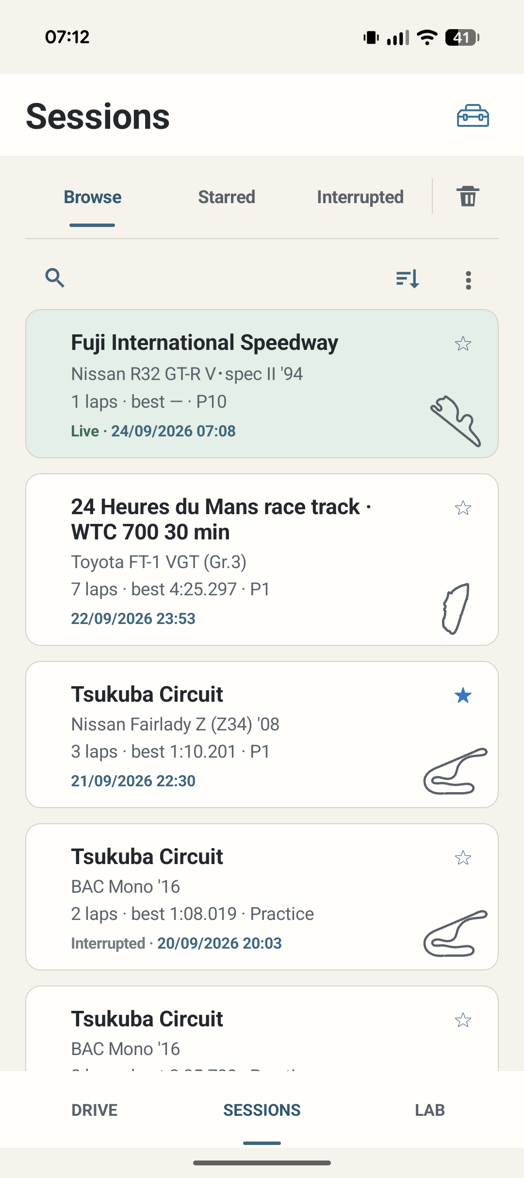 LapMind Sessions list on phone with Fuji, Le Mans and Tsukuba sessions.