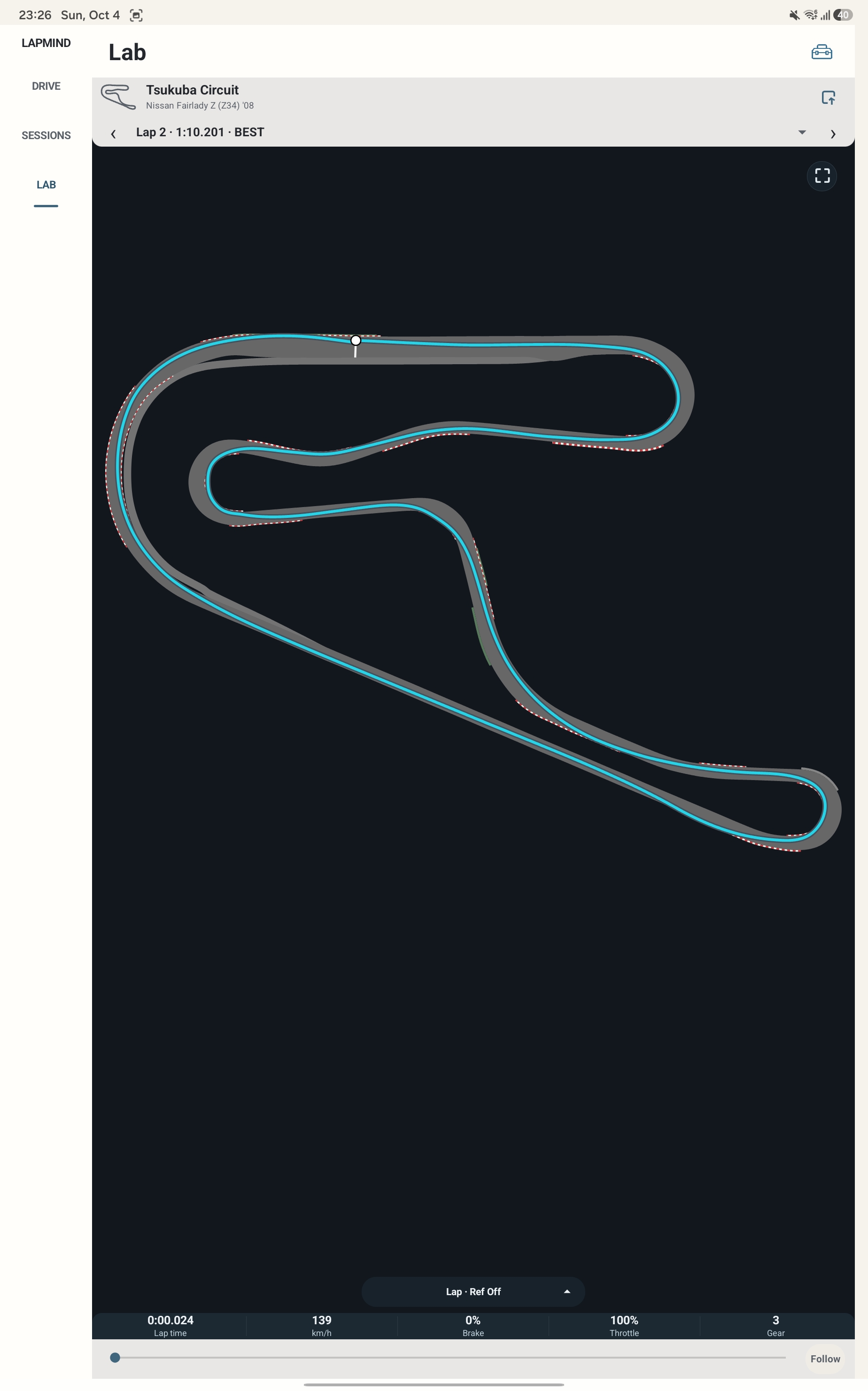 Tablet Track Lab showing Tsukuba Circuit in the current wide layout.