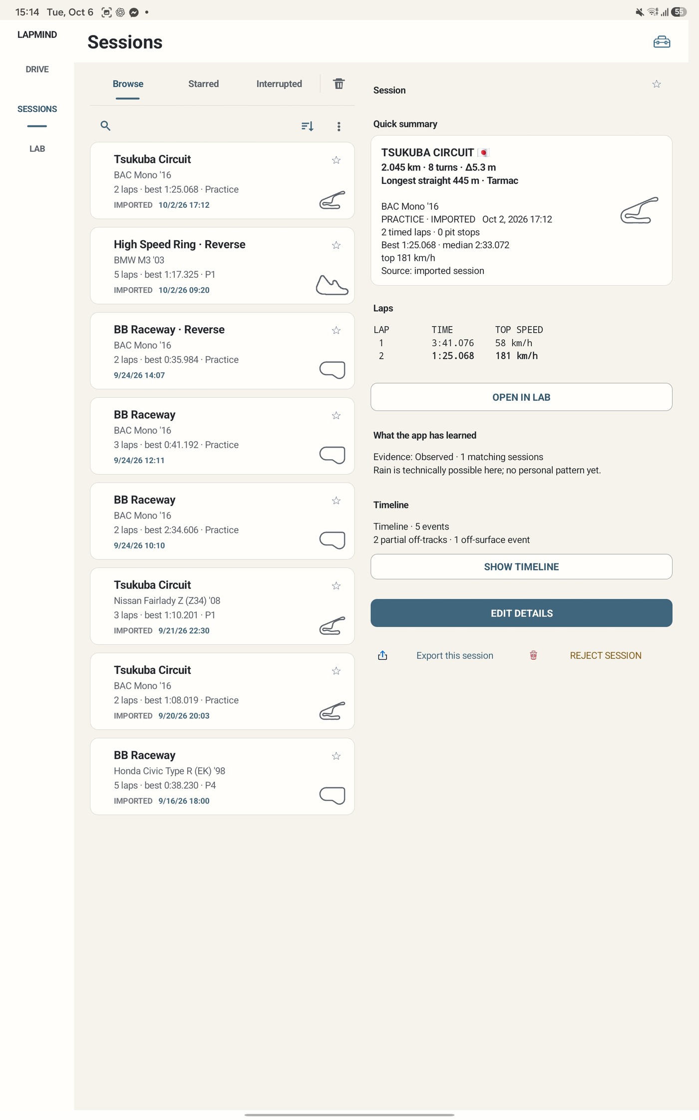 LapMind Sessions two-pane tablet layout with local sessions and selected session details.
