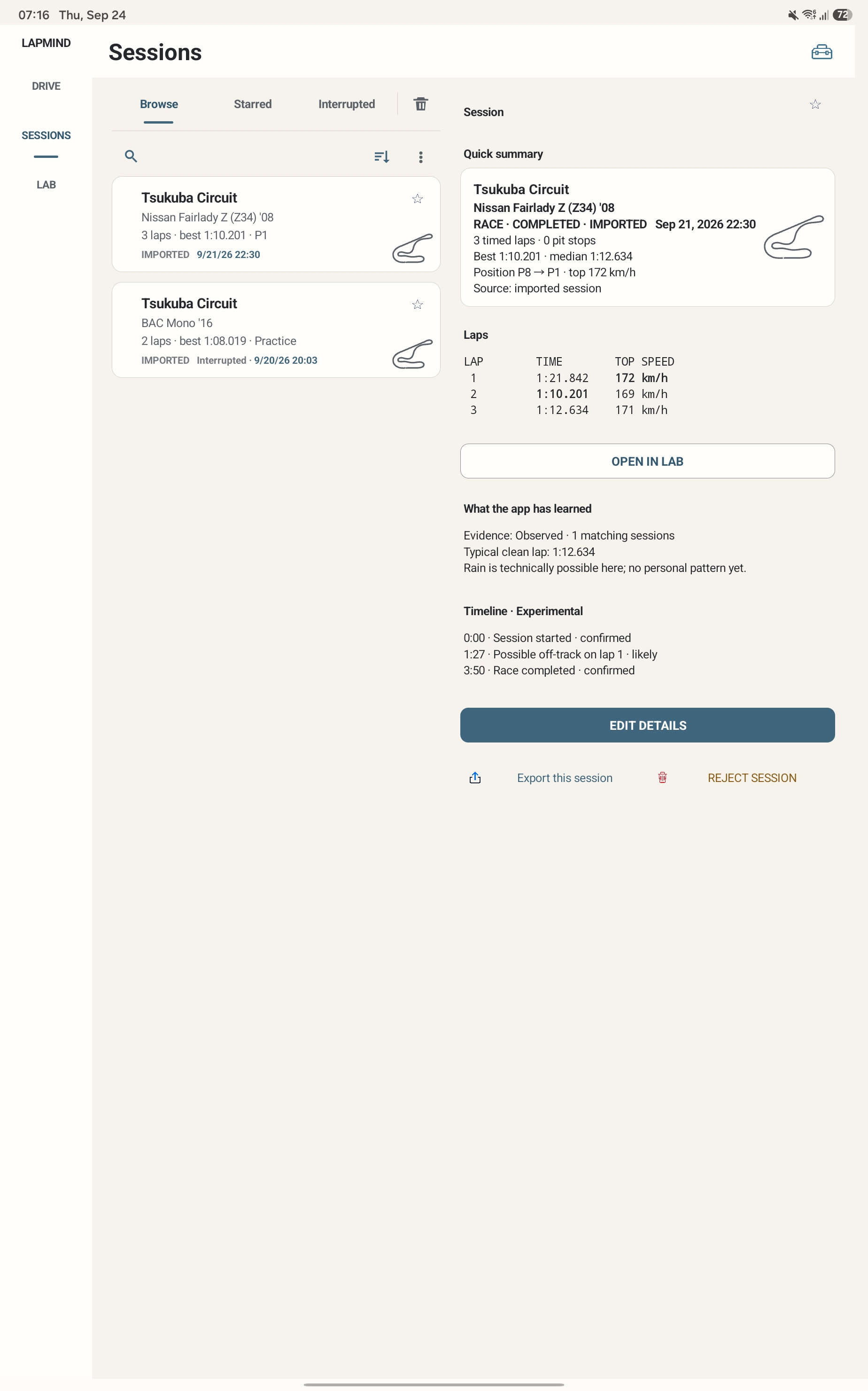 LapMind Sessions two-pane layout on tablet with Open in Lab.
